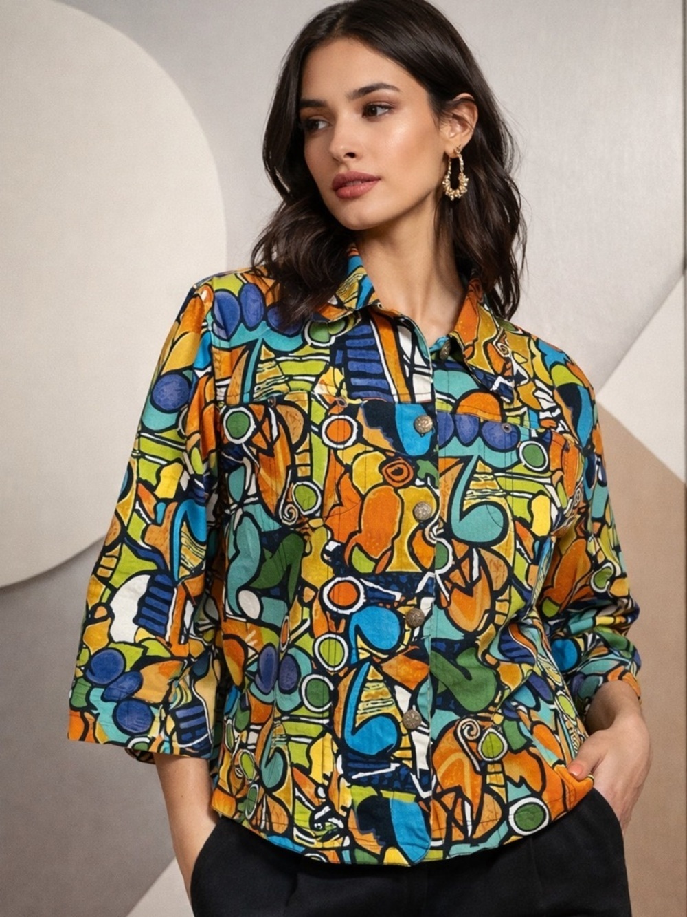 VTG Mirror Image Wearable Art Fitted Button Front Colorful Abstract Jacket - L